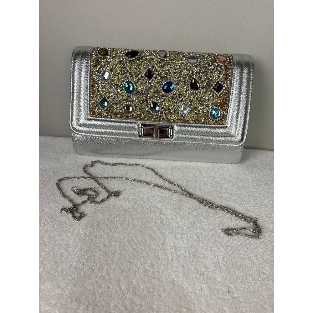 Silver Rhinestone Embellished Evening Clutch Bag with Chain Strap‎